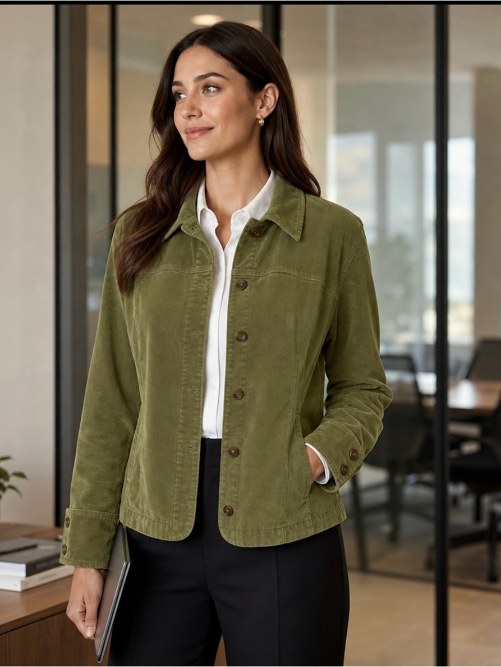 EUC Olive Green Women's Corduroy Jacket With Snaps and Pockets. Size CL